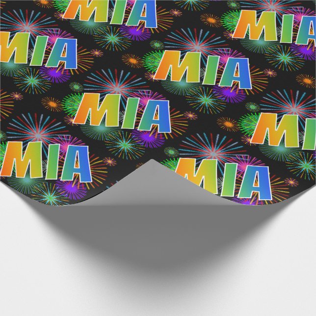 Rainbow First Name "MIA" + Fireworks Wrapping Paper (Corner)