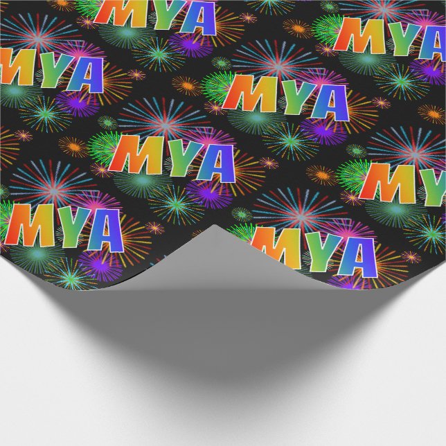 Rainbow First Name "MYA" + Fireworks Wrapping Paper (Corner)