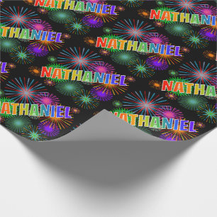 Rainbow First Name "NATHANIEL" + Fireworks Wrapping Paper