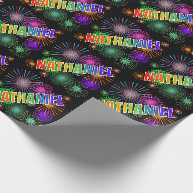 Rainbow First Name "NATHANIEL" + Fireworks Wrapping Paper (Corner)