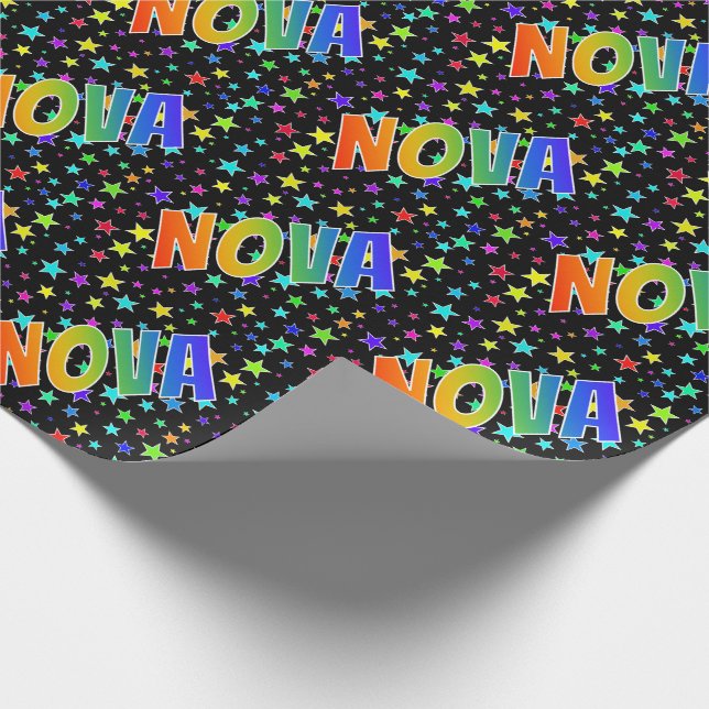 Rainbow First Name "NOVA" + Stars Wrapping Paper (Corner)