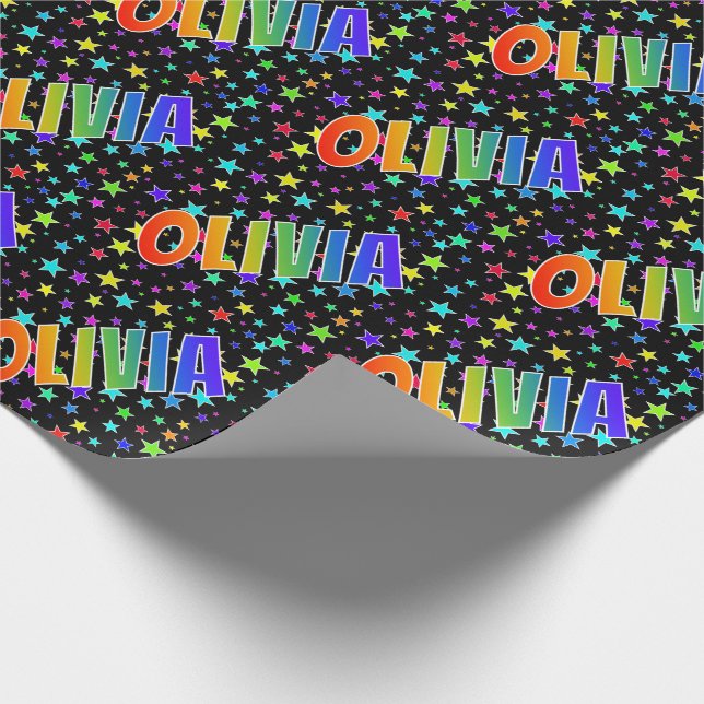 Rainbow First Name "OLIVIA" + Stars Wrapping Paper (Corner)
