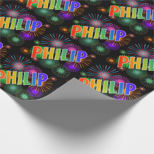 Rainbow First Name "PHILIP" + Fireworks Wrapping Paper (Corner)