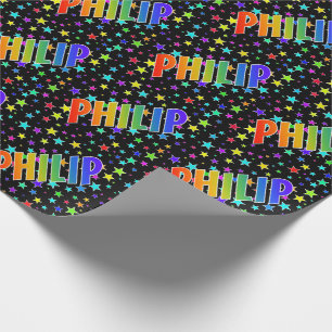 Rainbow First Name "PHILIP" + Stars Wrapping Paper