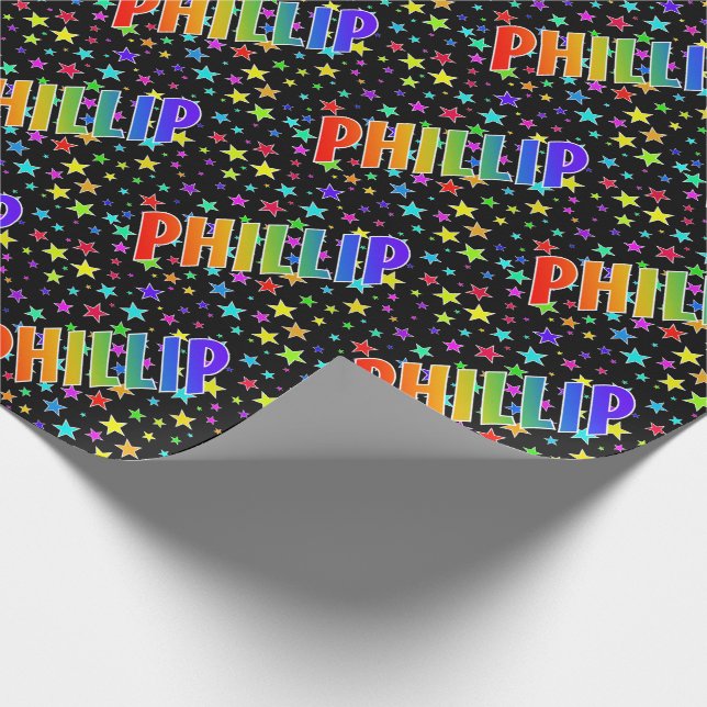 Rainbow First Name "PHILLIP" + Stars Wrapping Paper (Corner)