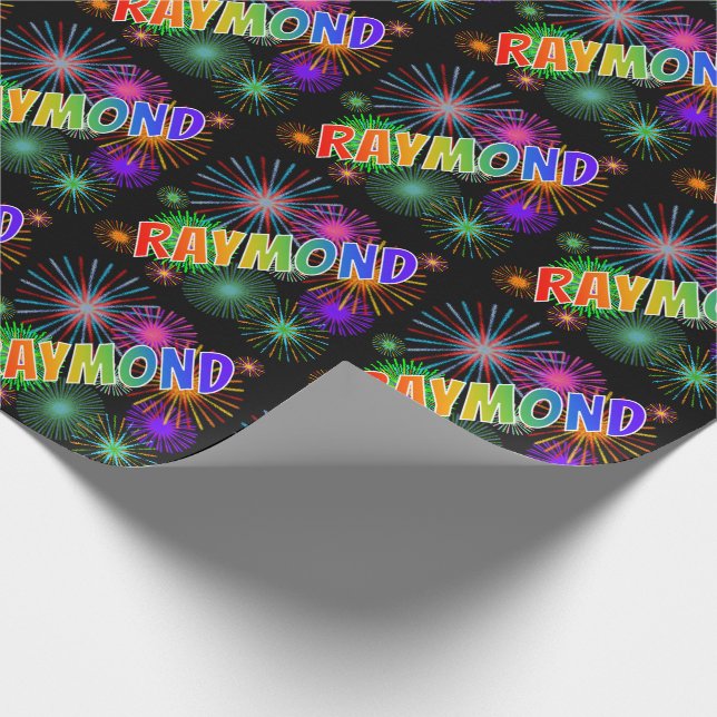 Rainbow First Name "RAYMOND" + Fireworks Wrapping Paper (Corner)