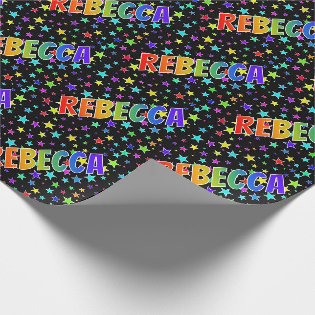 Rainbow First Name "REBECCA" + Stars Wrapping Paper (Corner)