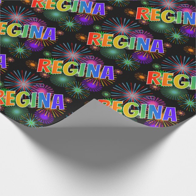 Rainbow First Name "REGINA" + Fireworks Wrapping Paper (Corner)