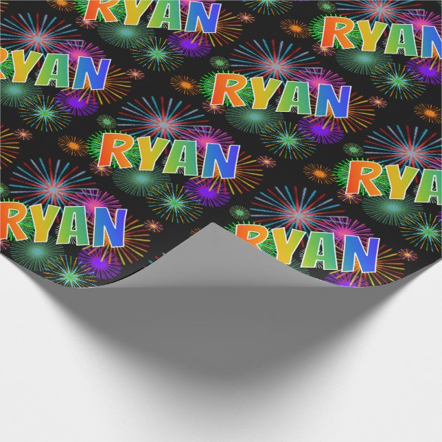 Rainbow First Name "RYAN" + Fireworks Wrapping Paper (Corner)
