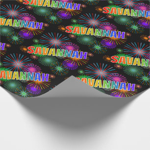 Rainbow First Name "SAVANNAH" + Fireworks Wrapping Paper