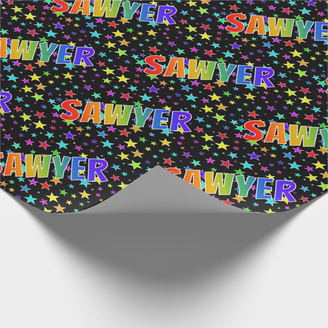 Rainbow First Name "SAWYER" + Stars Wrapping Paper (Corner)