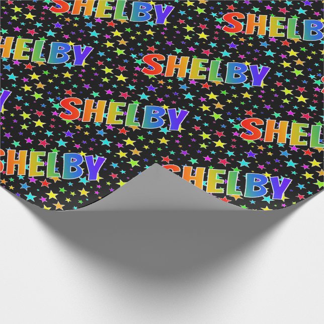 Rainbow First Name "SHELBY" + Stars Wrapping Paper (Corner)
