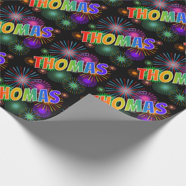 Rainbow First Name "THOMAS" + Fireworks Wrapping Paper (Corner)