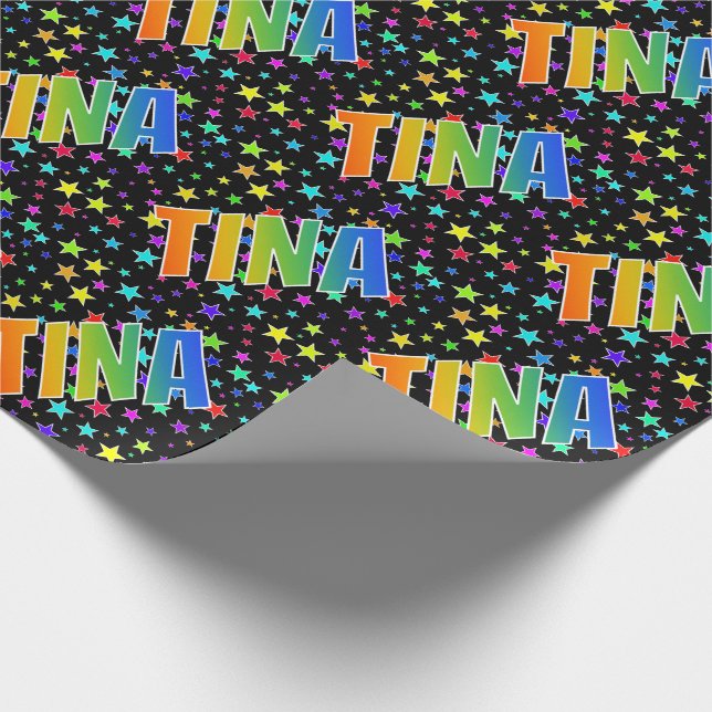 Rainbow First Name "TINA" + Stars Wrapping Paper (Corner)
