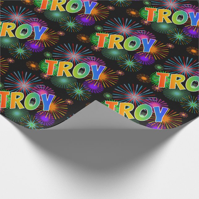 Rainbow First Name "TROY" + Fireworks Wrapping Paper (Corner)