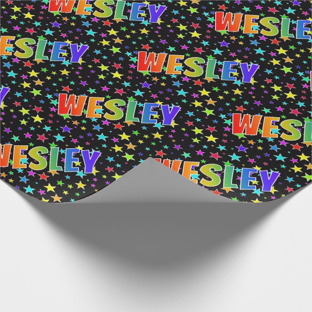 Rainbow First Name "WESLEY" + Stars Wrapping Paper (Corner)
