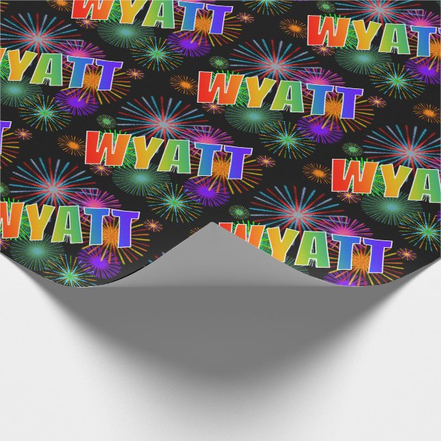 Rainbow First Name "WYATT" + Fireworks Wrapping Paper (Corner)