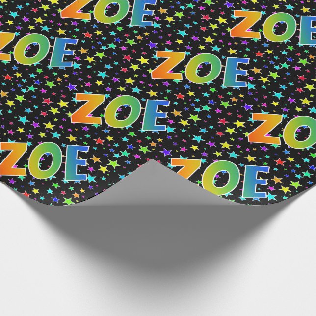 Rainbow First Name "ZOE" + Stars Wrapping Paper (Corner)