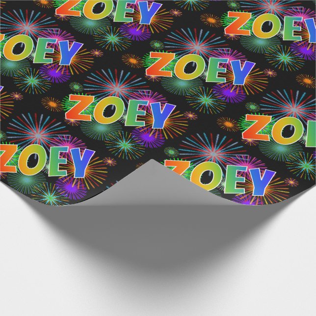 Rainbow First Name "ZOEY" + Fireworks Wrapping Paper (Corner)