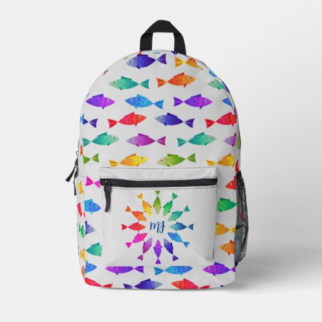 Rainbow fish in ocean cute colourful pattern printed backpack (Front)
