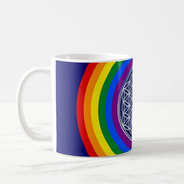 RAINBOW FLAG BUTTON + FLOWER OF LIFE COFFEE MUG (Left)