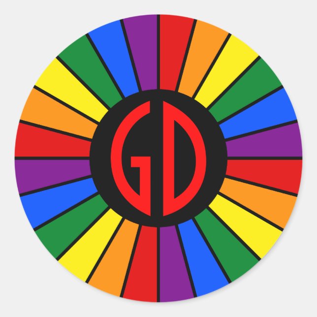 RAINBOW FLAG BUTTON RAYS + your sign or monogram Classic Round Sticker (Front)