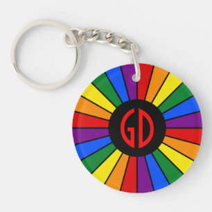 RAINBOW FLAG BUTTON RAYS + your sign or monogram Key Ring