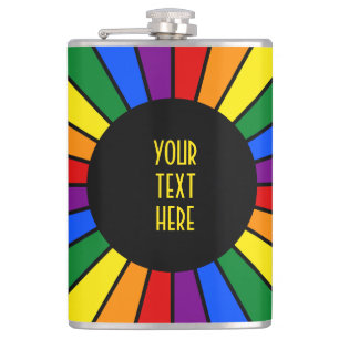 RAINBOW FLAG BUTTON RAYS + your sign or text Hip Flask