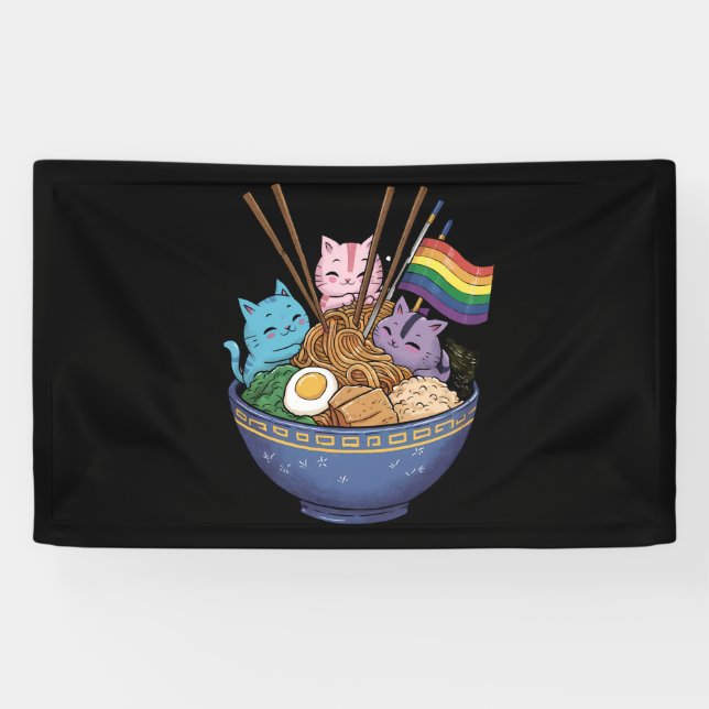Rainbow Flag Cats Ramen Anime Gay Pride Month LGBT Banner (Horizontal)