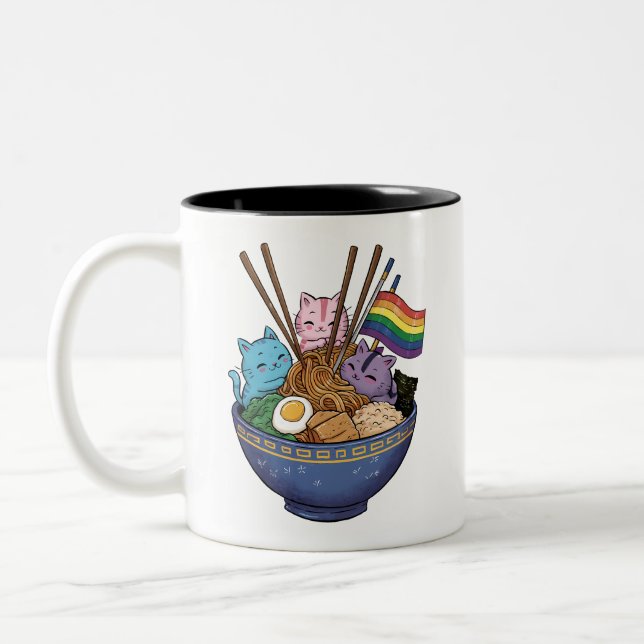 Rainbow Flag Cats Ramen Anime Gay Pride Month LGBT Two-Tone Coffee Mug (Left)
