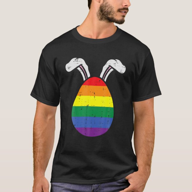 Rainbow Flag Egg Bunny Ears Gay Pride Easter LGBT T-Shirt (Front)