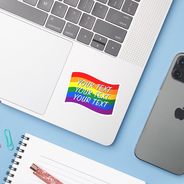 Rainbow Flag Gay Pride custom text up to 3 lines (Laptop w/ iPhone)