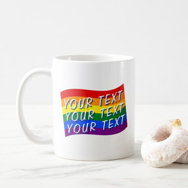 Rainbow Flag Gay Pride custom text up to 3 lines  Coffee Mug (With Donut)