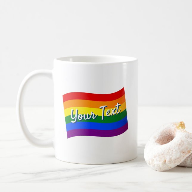 Rainbow Flag Gay Pride LGBTQ Pride custom text Coffee Mug (With Donut)