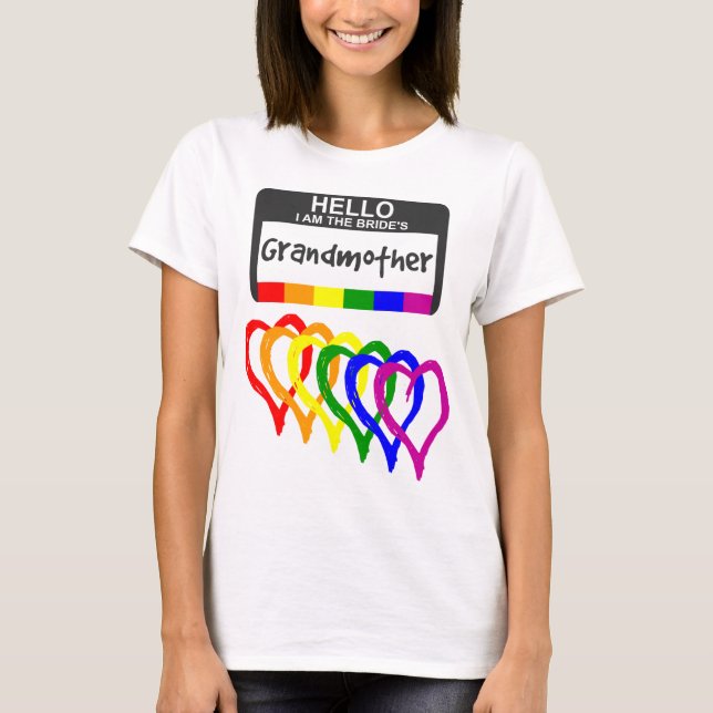 Rainbow Flag Hearts Bride Grandmother Name Badge T-Shirt (Front)