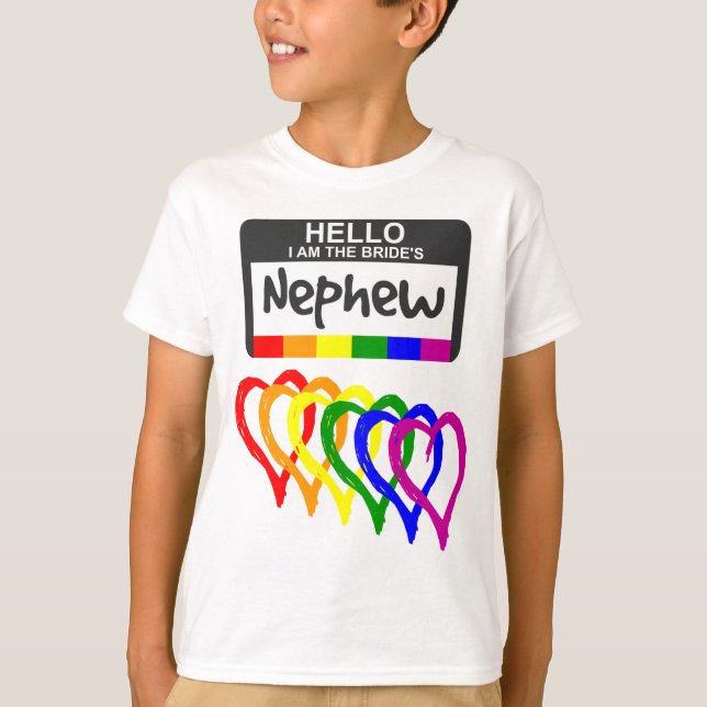 Rainbow Flag Hearts Bride Nephew Name Badge T-Shirt (Front)