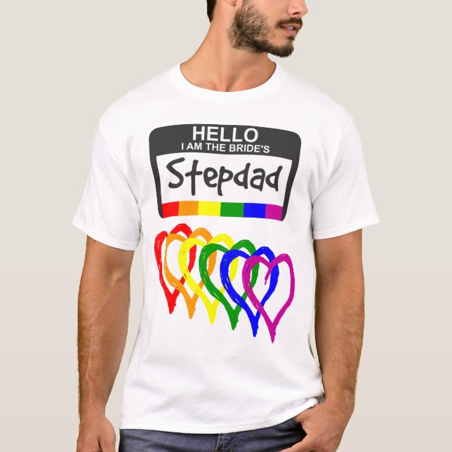 Rainbow Flag Hearts Bride Stepdad Name Badge T-Shirt (Front)