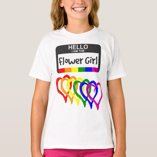 Rainbow Flag Hearts Flower Girl Name Badge Wedding T-Shirt (Front)
