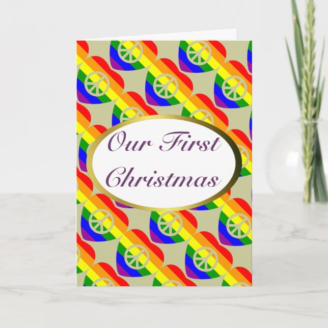 Rainbow flag hearts Gay Marriage First Christmas Holiday Card (Front)