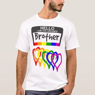 Rainbow Flag Hearts Groom Brother Name Badge T-Shirt