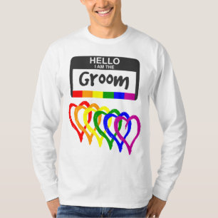 Rainbow Flag Hearts Groom Name Badge Wedding T-Shirt