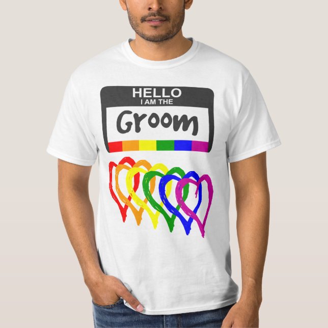 Rainbow Flag Hearts Groom Name Badge Wedding T-Shirt (Front)