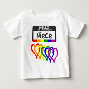 Rainbow Flag Hearts Groom Niece Name Badge Baby T-Shirt