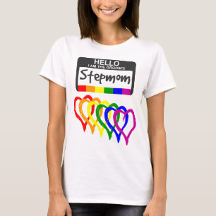 Rainbow Flag Hearts Groom Stepmom Name Badge T-Shirt