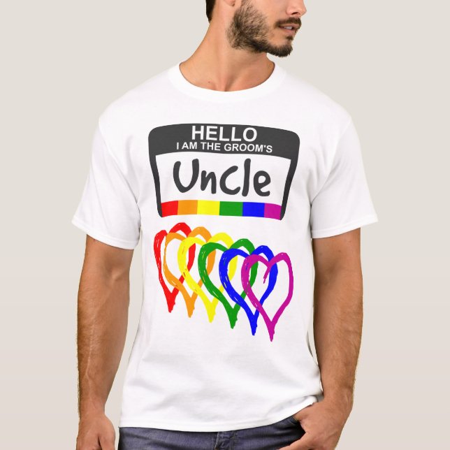 Rainbow Flag Hearts Groom Uncle Name Badge T-Shirt (Front)