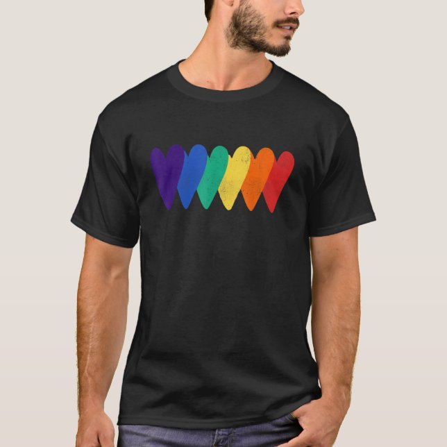Rainbow Flag Hearts Love LGBT Gay Lesbian Bi Trans T-Shirt (Front)