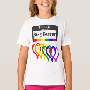 Rainbow Flag Hearts Ring Bearer Name Badge Wedding T-Shirt