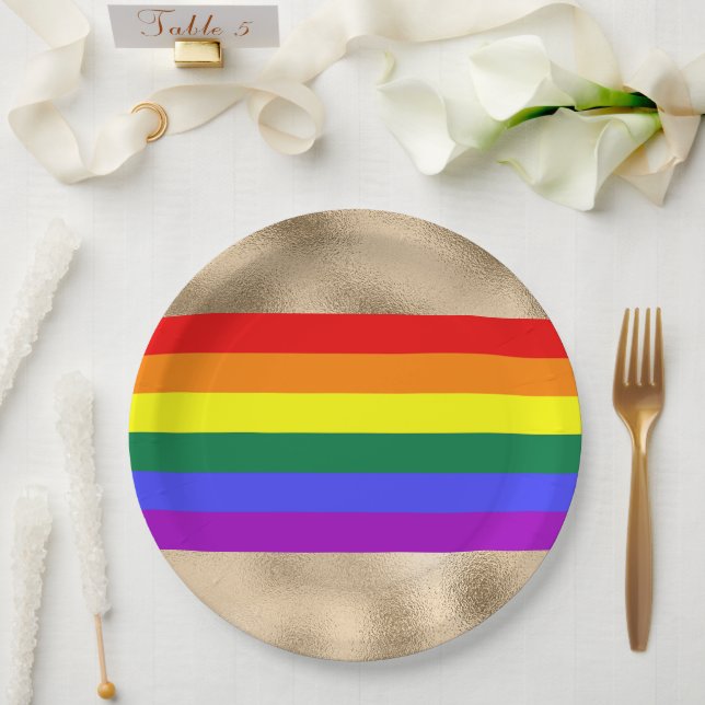 Rainbow Flag on Gold Paper Plate (Wedding)