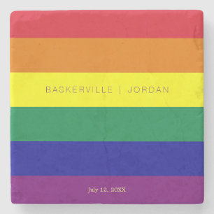 Rainbow Flag Wedding Custom Date Names Stone Coaster