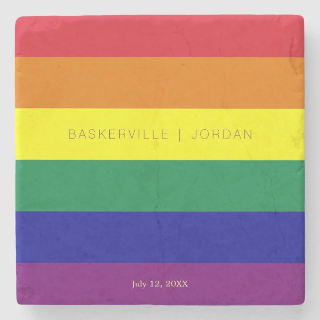Rainbow Flag Wedding Custom Date Names Stone Coaster (Front)